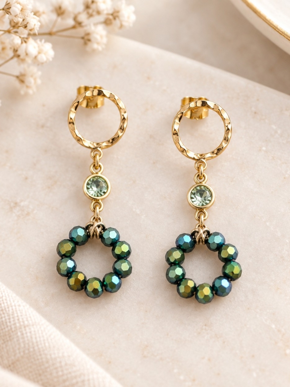 Gold-Tone Earrings with Iridescent Green Bead Hoops
